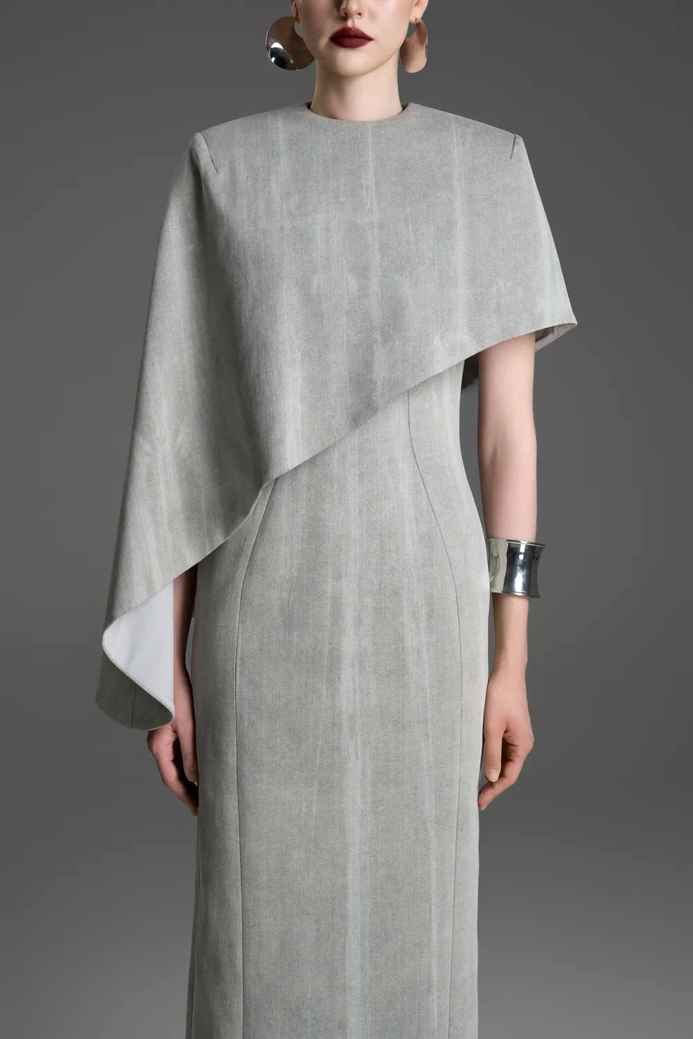 Diagonal Fallen Cape & Sided Stone Chains Straight Dress